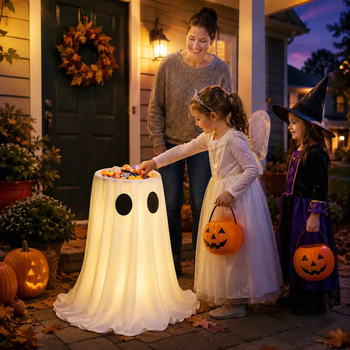 Glow-in-the-Dark Ghost Candy Bowl with Lights, Timer & Remote