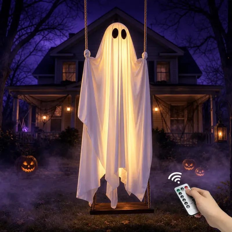 5FT Hanging Ghost Swing with Remote-Controlled String Lights