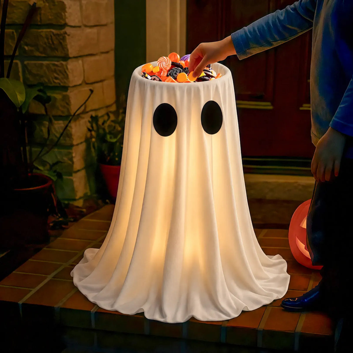 Glow-in-the-Dark Ghost Candy Bowl with Lights, Timer & Remote