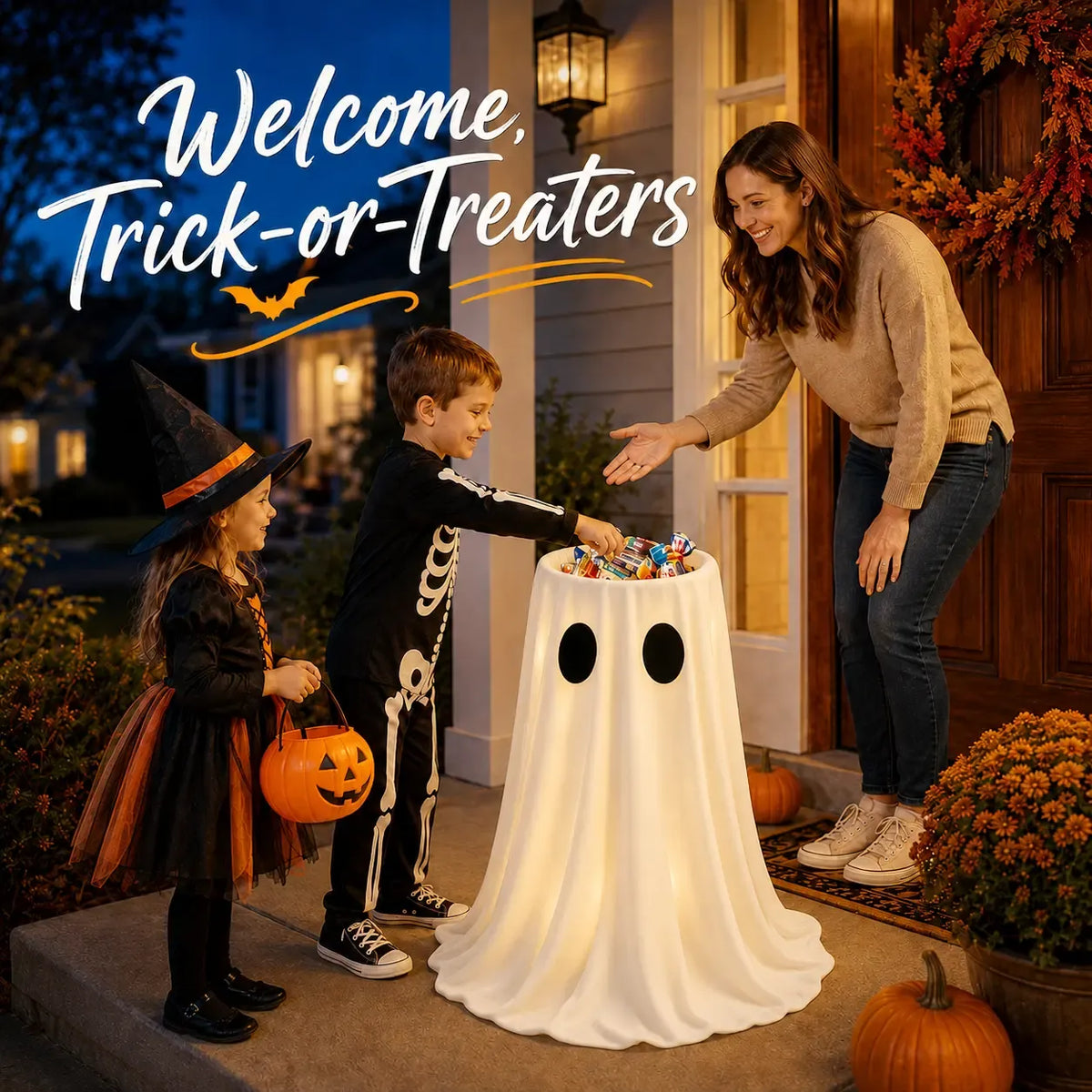 Glow-in-the-Dark Ghost Candy Bowl with Lights, Timer & Remote