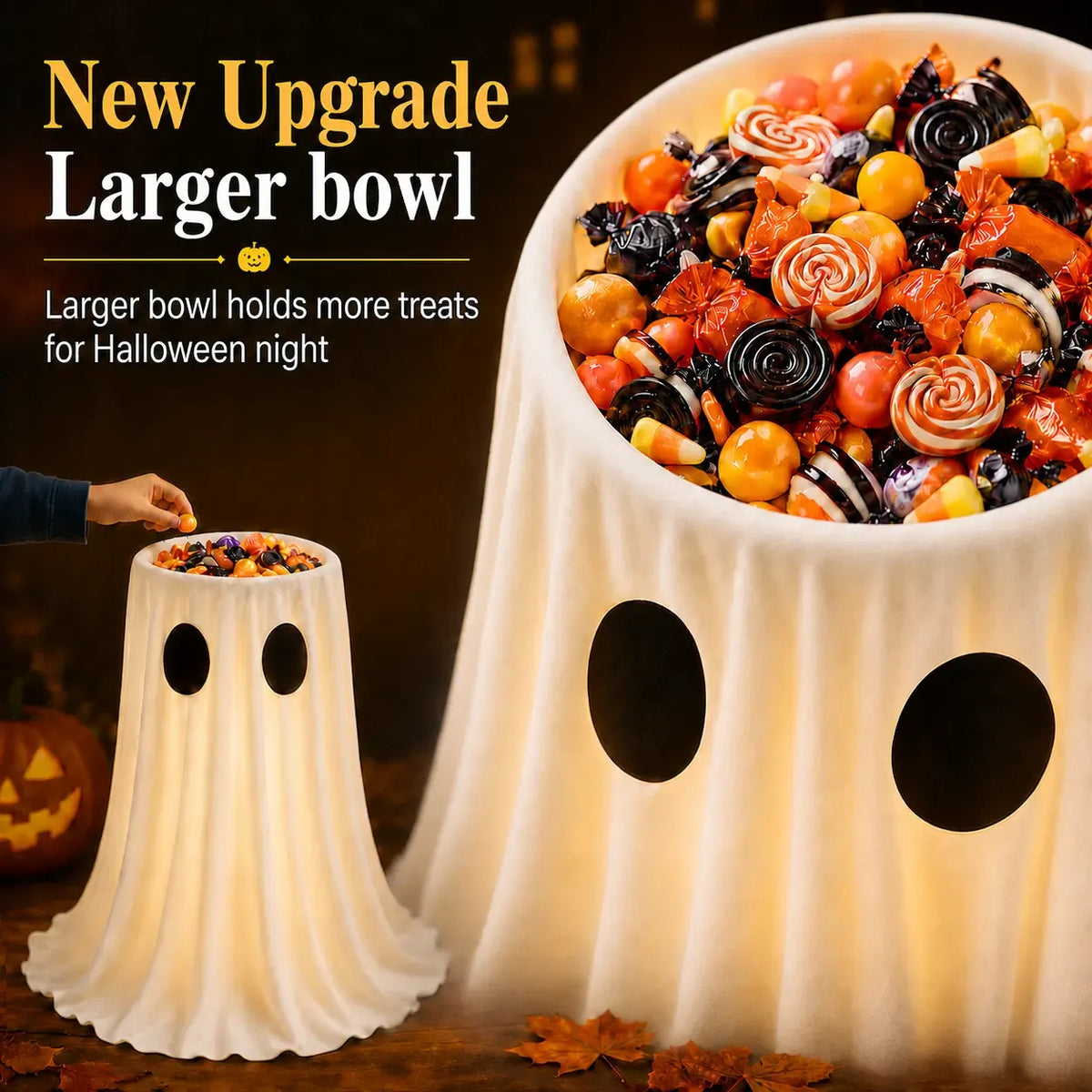 Glow-in-the-Dark Ghost Candy Bowl with Lights, Timer & Remote