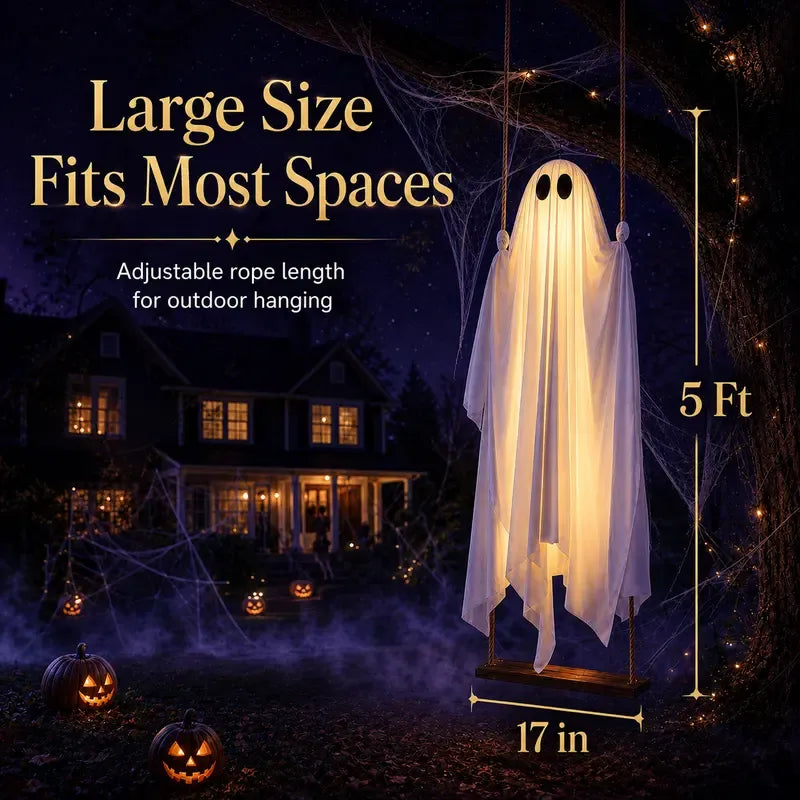 5FT Hanging Ghost Swing with Remote-Controlled String Lights