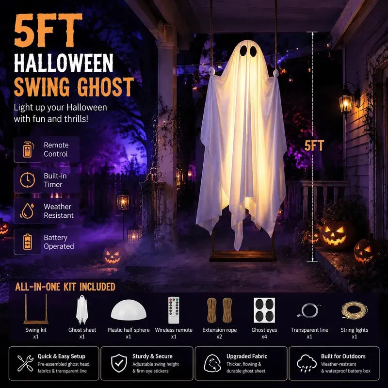 5FT Hanging Ghost Swing with Remote-Controlled String Lights