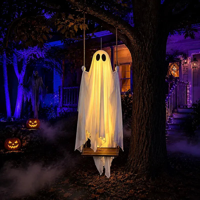 5FT Hanging Ghost Swing with Remote-Controlled String Lights