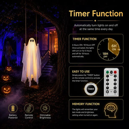 5FT Hanging Ghost Swing with Remote-Controlled String Lights
