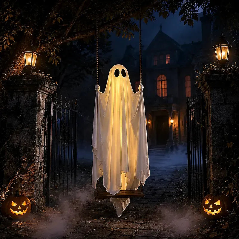 5FT Hanging Ghost Swing with Remote-Controlled String Lights